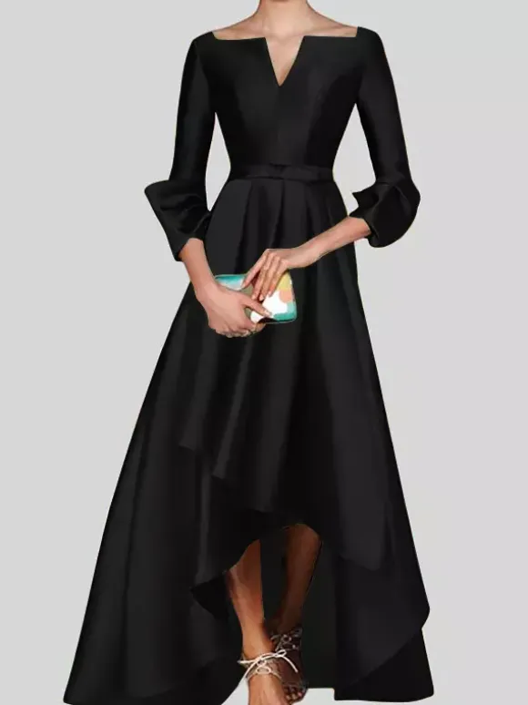 Robe de soirée trapèze col en v manches 3/4 fermeture éclair tissu satiné plissé robes de concours sociaux