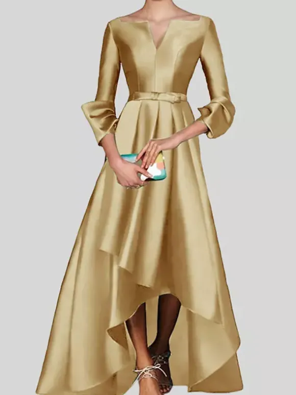 Robe de soirée trapèze col en v manches 3/4 fermeture éclair tissu satiné plissé robes de concours sociaux