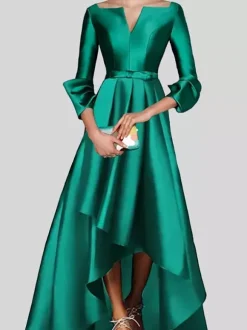 Robe de soirée trapèze col en v manches 3/4 fermeture éclair tissu satiné plissé robes de concours sociaux
