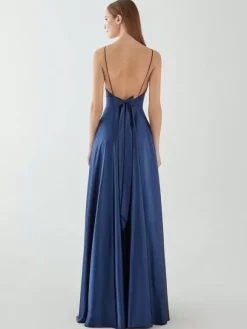 Robe de soirée trapèze col en V sans manches dos nu n艙uds longueur au sol robe de dîner formelle