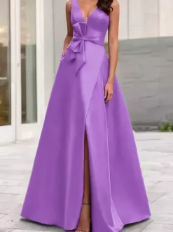 Robe de soirée trapèze col en V tissu satiné longueur au sol n艙uds robes de dîner formelles