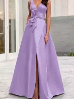 Robe de soirée trapèze col en V tissu satiné longueur au sol n艙uds robes de dîner formelles