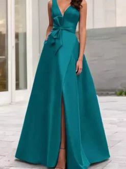 Robe de soirée trapèze col en V tissu satiné longueur au sol n艙uds robes de dîner formelles
