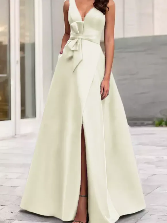 Robe de soirée trapèze col en V tissu satiné longueur au sol n艙uds robes de dîner formelles