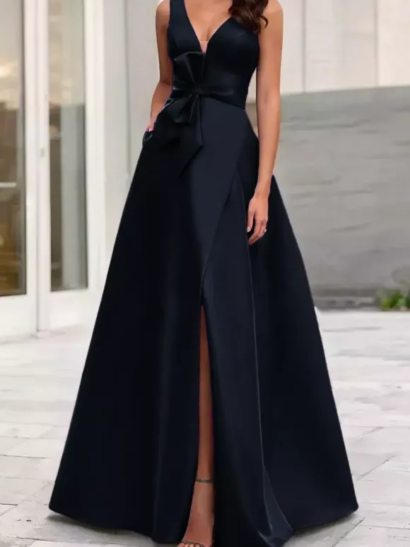 Robe de soirée trapèze col en V tissu satiné longueur au sol n艙uds robes de dîner formelles