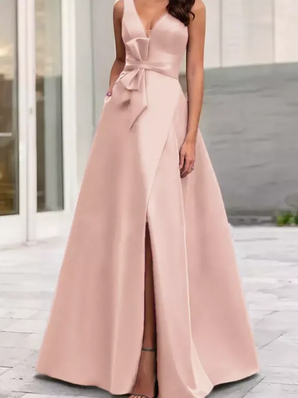 Robe de soirée trapèze col en V tissu satiné longueur au sol n艙uds robes de dîner formelles