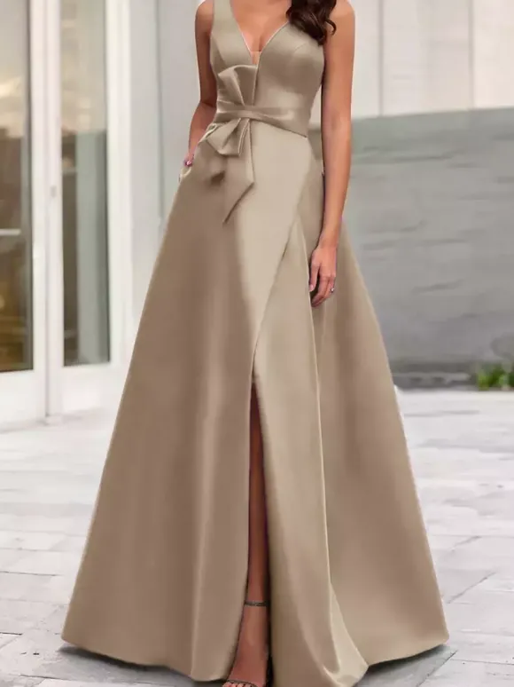 Robe de soirée trapèze col en V tissu satiné longueur au sol n艙uds robes de dîner formelles