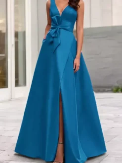 Robe de soirée trapèze col en V tissu satiné longueur au sol n艙uds robes de dîner formelles