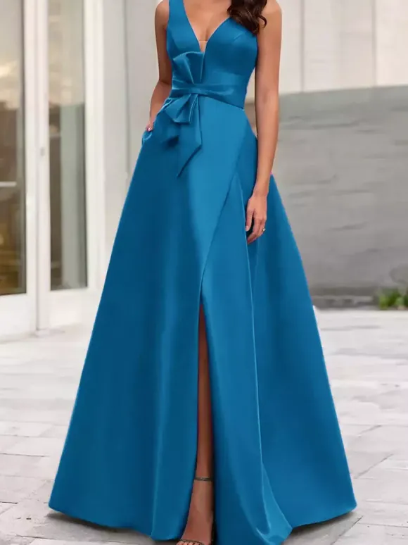Robe de soirée trapèze col en V tissu satiné longueur au sol n艙uds robes de dîner formelles
