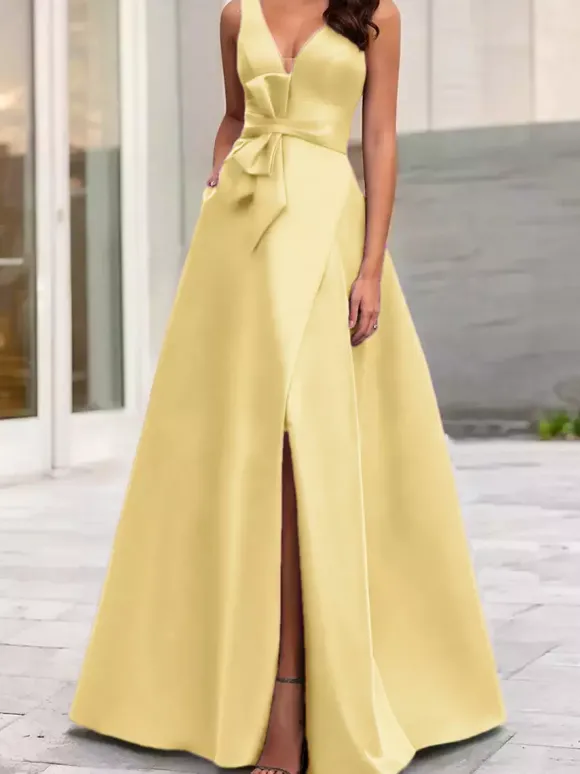 Robe de soirée trapèze col en V tissu satiné longueur au sol n艙uds robes de dîner formelles