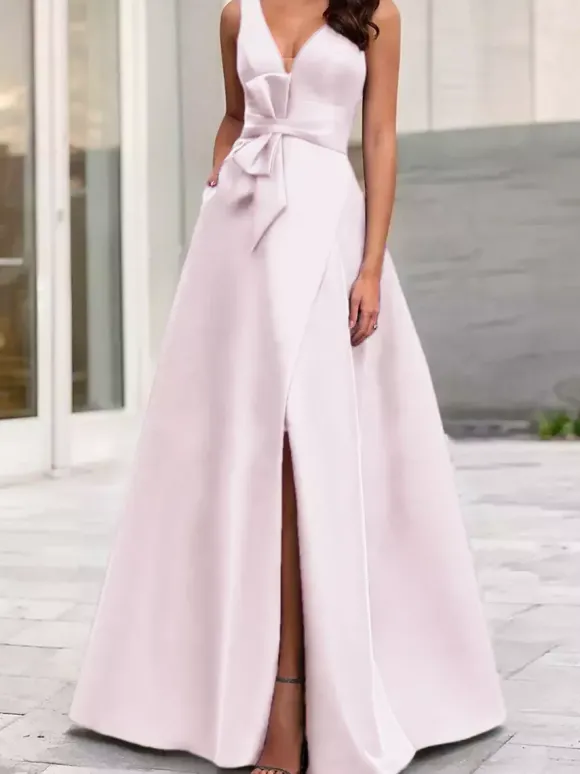Robe de soirée trapèze col en V tissu satiné longueur au sol n艙uds robes de dîner formelles