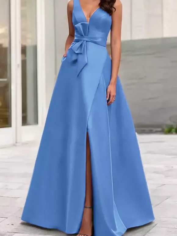 Robe de soirée trapèze col en V tissu satiné longueur au sol n艙uds robes de dîner formelles