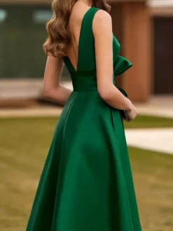Robe de soirée trapèze col en V tissu satiné longueur au sol n艙uds robes de dîner formelles