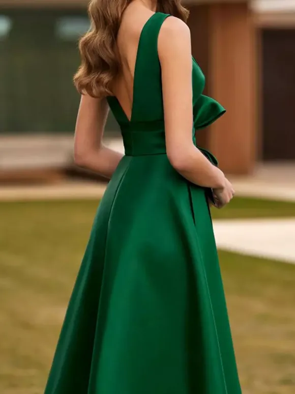 Robe de soirée trapèze col en V tissu satiné longueur au sol n艙uds robes de dîner formelles