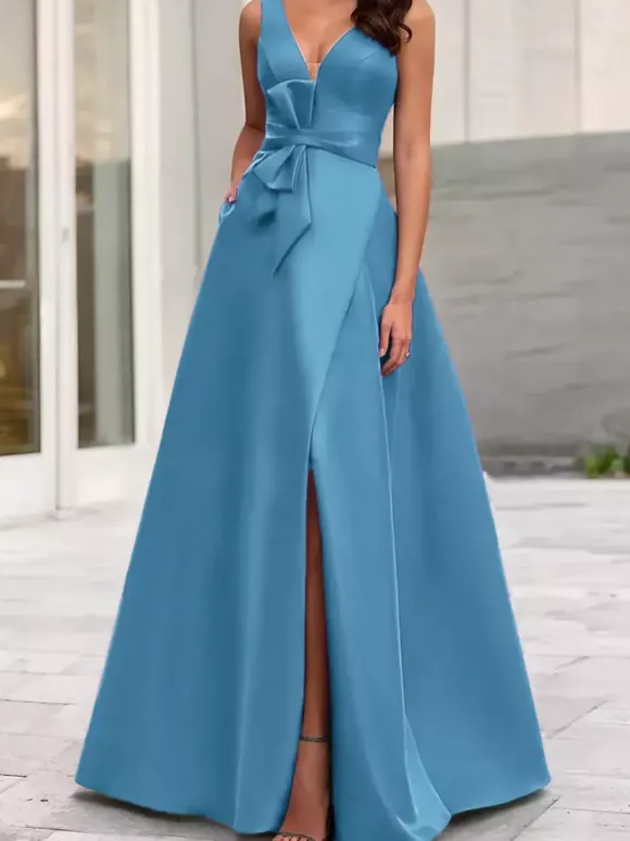 Robe de soirée trapèze col en V tissu satiné longueur au sol n艙uds robes de dîner formelles