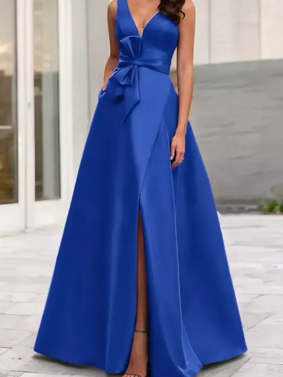 Robe de soirée trapèze col en V tissu satiné longueur au sol n艙uds robes de dîner formelles