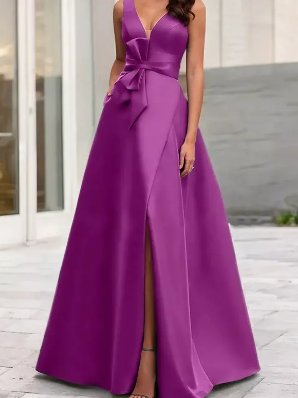 Robe de soirée trapèze col en V tissu satiné longueur au sol n艙uds robes de dîner formelles