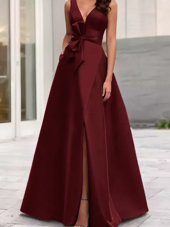 Robe de soirée trapèze col en V tissu satiné longueur au sol n艙uds robes de dîner formelles