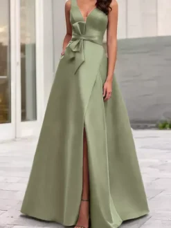 Robe de soirée trapèze col en V tissu satiné longueur au sol n艙uds robes de dîner formelles
