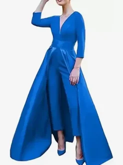 Robe de soirée trapèze col en V tissu satiné longueur au sol n艙uds robes de soirée formelles