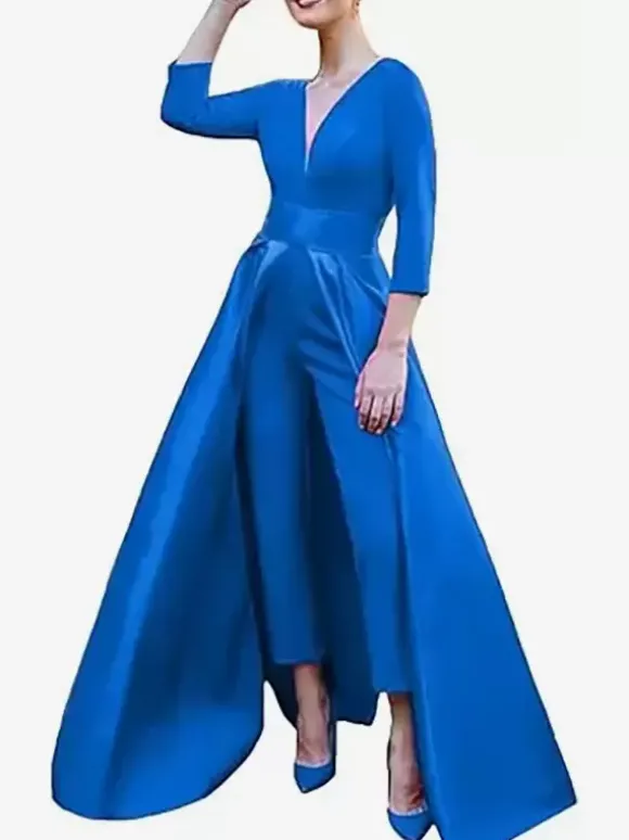 Robe de soirée trapèze col en V tissu satiné longueur au sol n艙uds robes de soirée formelles