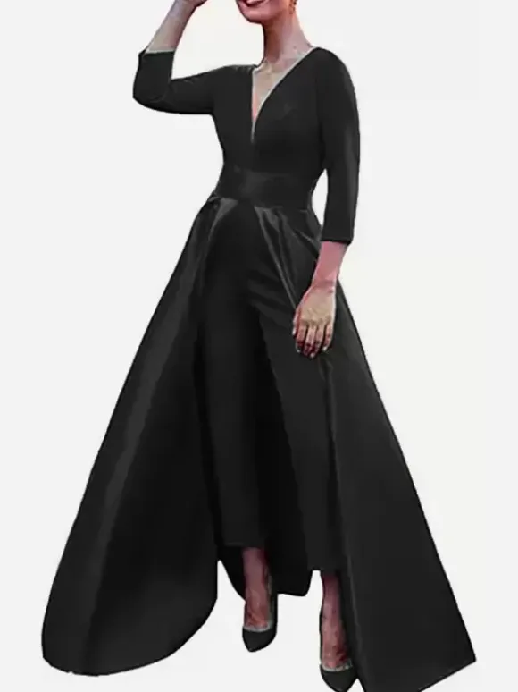 Robe de soirée trapèze col en V tissu satiné longueur au sol n艙uds robes de soirée formelles