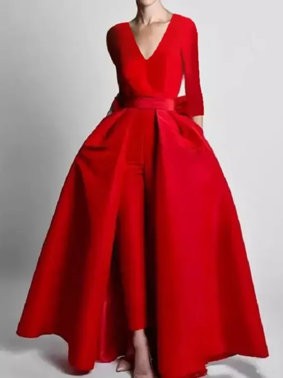 Robe de soirée trapèze col en V tissu satiné longueur au sol n艙uds robes de soirée formelles