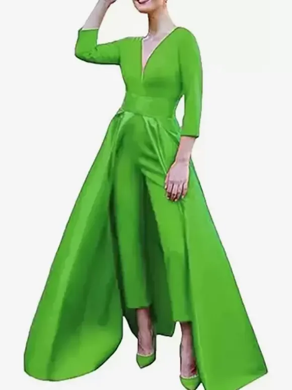 Robe de soirée trapèze col en V tissu satiné longueur au sol n艙uds robes de soirée formelles