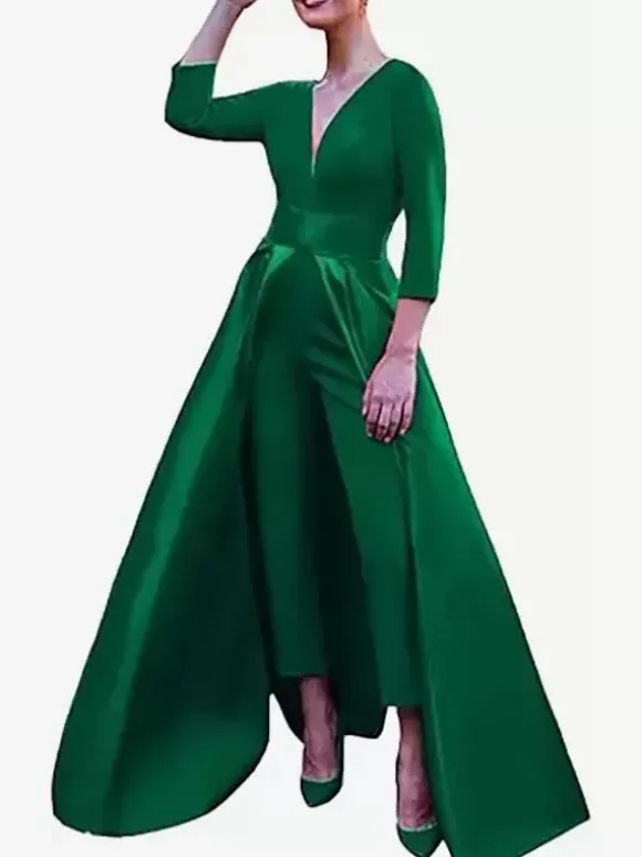 Robe de soirée trapèze col en V tissu satiné longueur au sol n艙uds robes de soirée formelles