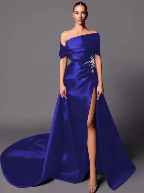Robe de soirée trapèze à épaules dénudées avec traîne sans manches à lacets en tissu satiné plissé Robes de concours sociales