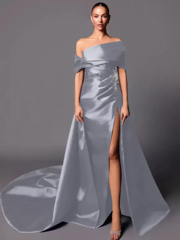 Robe de soirée trapèze à épaules dénudées avec traîne sans manches à lacets en tissu satiné plissé Robes de concours sociales