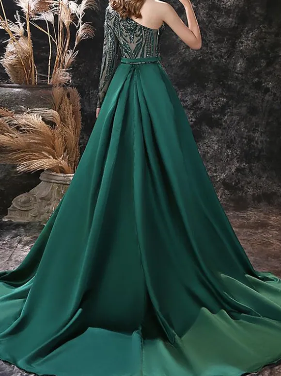 Robe de soirée verte foncé en dentelle à une épaule paillete à zip latéral à traîne robe de cérémonie