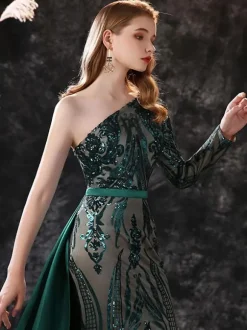 Robe de soirée verte foncé en dentelle à une épaule paillete à zip latéral à traîne robe de cérémonie
