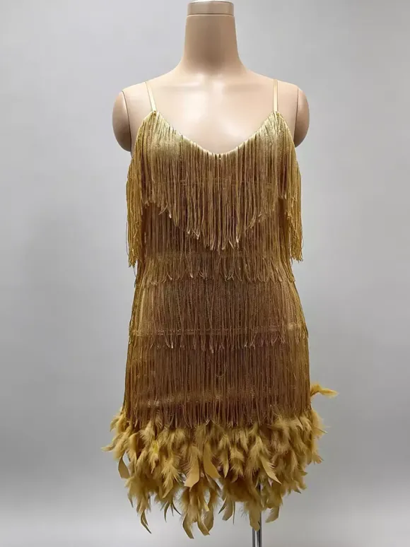 Robe de soirée vert foncé à bretelles franges au col sans manches dos nu en polyester sexy