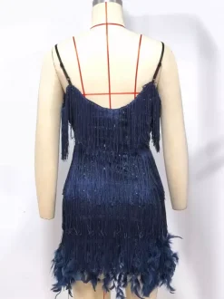 Robe de soirée vert foncé à bretelles franges au col sans manches dos nu en polyester sexy