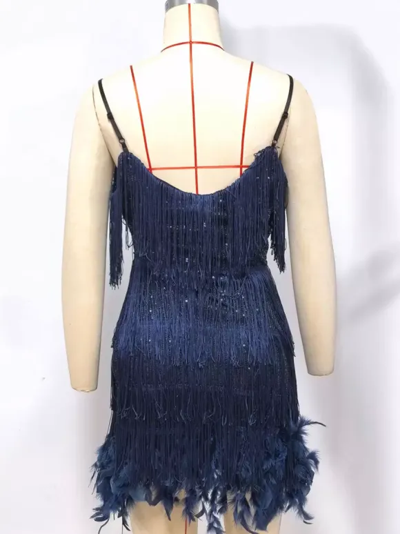 Robe de soirée vert foncé à bretelles franges au col sans manches dos nu en polyester sexy