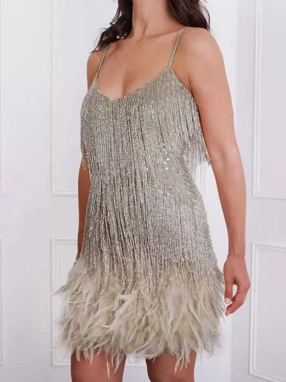 Robe de soirée vert foncé à bretelles franges au col sans manches dos nu en polyester sexy