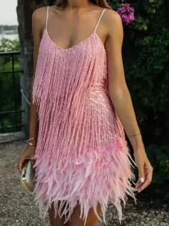 Robe de soirée vert foncé à bretelles franges au col sans manches dos nu en polyester sexy