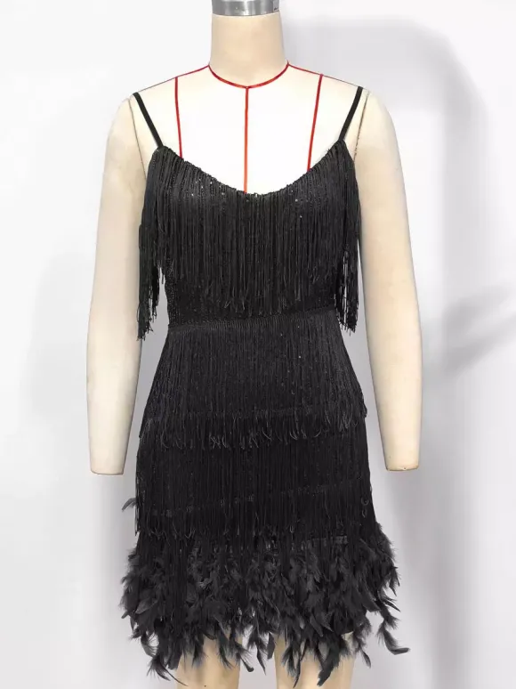 Robe de soirée vert foncé à bretelles franges au col sans manches dos nu en polyester sexy