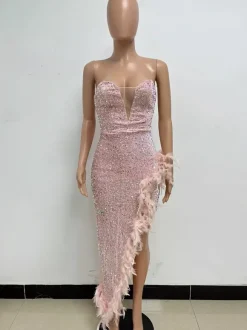 Robe de Soirée Vert Foncé Sans Bretelles Paillettes Sans Manches Dos Nu Robe Semi-Formelle