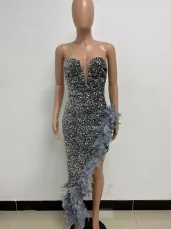 Robe de Soirée Vert Foncé Sans Bretelles Paillettes Sans Manches Dos Nu Robe Semi-Formelle