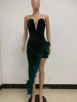 Robe de Soirée Vert Foncé Sans Bretelles Paillettes Sans Manches Dos Nu Robe Semi-Formelle