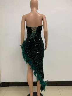 Robe de Soirée Vert Foncé Sans Bretelles Paillettes Sans Manches Dos Nu Robe Semi-Formelle