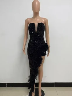 Robe de Soirée Vert Foncé Sans Bretelles Paillettes Sans Manches Dos Nu Robe Semi-Formelle