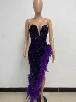 Robe de Soirée Vert Foncé Sans Bretelles Paillettes Sans Manches Dos Nu Robe Semi-Formelle