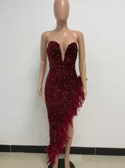 Robe de Soirée Vert Foncé Sans Bretelles Paillettes Sans Manches Dos Nu Robe Semi-Formelle