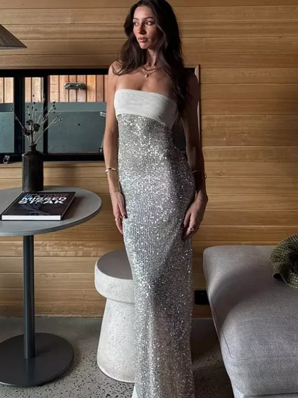 Robe de soirée vert menthe sans bretelles à sequins dos nu sans manches style décontracté/semi-formel