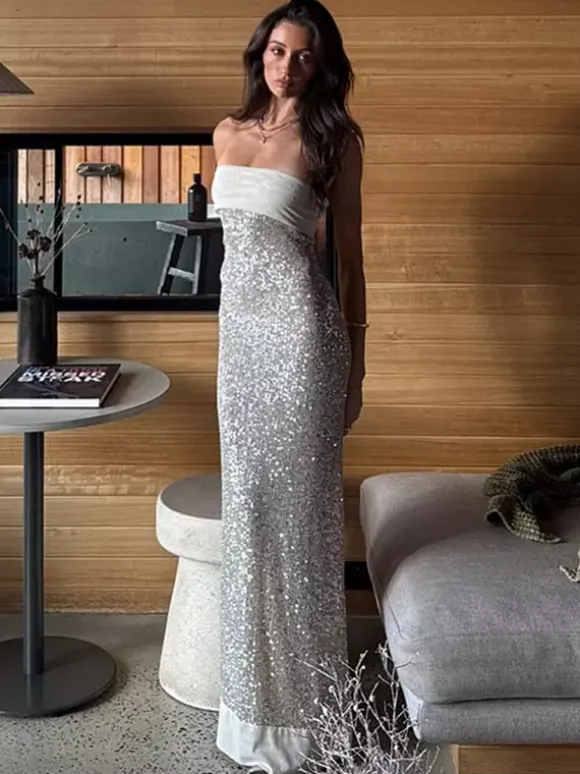 Robe de soirée vert menthe sans bretelles à sequins dos nu sans manches style décontracté/semi-formel