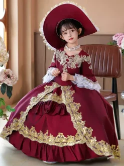 Robe de soirée à volants rétro bordeaux pour costumes de bal victoriens rococo Bourgogne