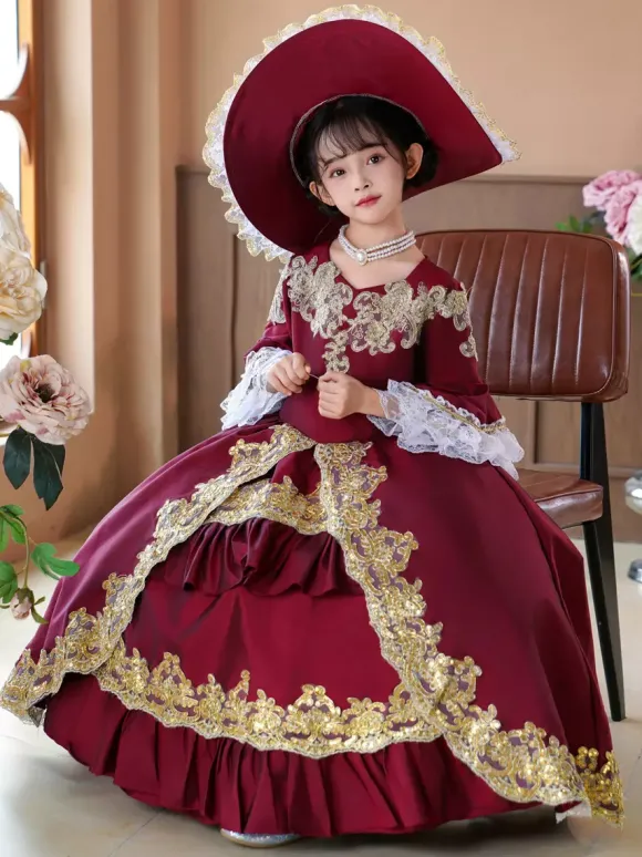 Robe de soirée à volants rétro bordeaux pour costumes de bal victoriens rococo Bourgogne